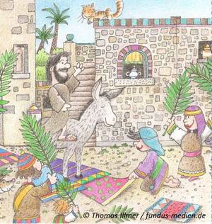 Ein Bild aus einer Kinderbibel: Jesus zieht in Jerusalem ein