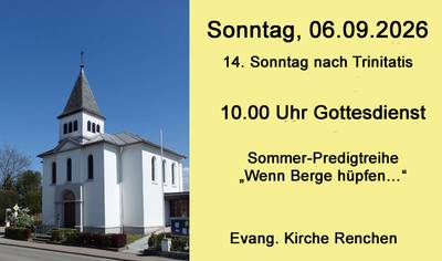 Plakat: links Kirche von Renchen rechts auf gelben Hintergrund der Hinweis zum nächsten Gottesdienst