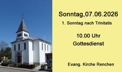 Plakat: links Kirche von Renchen rechts auf gelben Hintergrund der Hinweis zum nächsten Gottesdienst