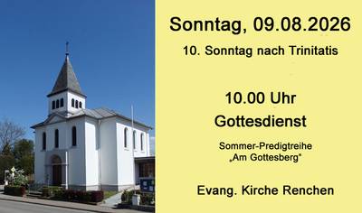 Plakat: links Kirche von Renchen rechts auf gelben Hintergrund der Hinweis zum nächsten Gottesdienst