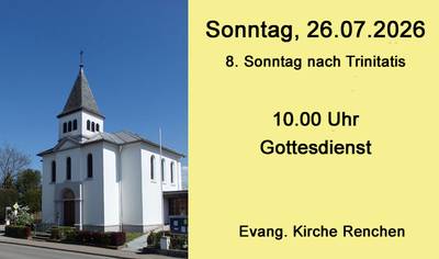 Plakat: links Kirche von Renchen rechts auf gelben Hintergrund der Hinweis zum nächsten Gottesdienst