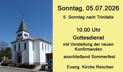 Plakat: links Kirche von Renchen rechts auf gelben Hintergrund der Hinweis zum nächsten Gottesdienst