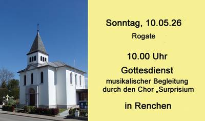 Plakat: links Kirche von Renchen rechts auf gelben Hintergrund der Hinweis zum nächsten Gottesdienst