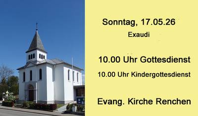 Plakat: links Kirche von Renchen rechts auf gelben Hintergrund der Hinweis zum nächsten Gottesdienst