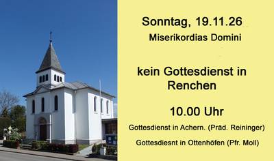 Plakat: links Kirche von Renchen rechts auf gelben Hintergrund der Hinweis zum nächsten Gottesdienst