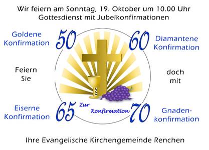 Quelle: Annette Wohlfeil In der Mitte, in einem Kreis ein goldenesKreuz mit Strahlen nach oben, Trauben davor und die Worts zur Konfimation. Am Kreis verteilt die Zahlen 50, 60, 65 und Siebzig und die jeweils entsprechenden Namen der Jubelkonfirmationen